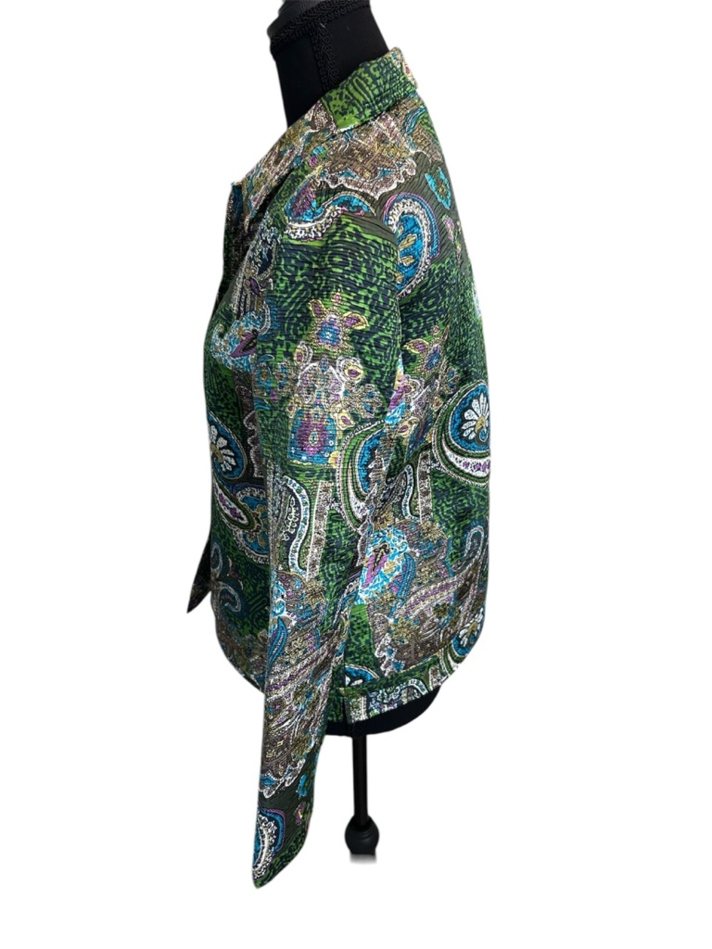 🦚 Analogy Petite | Vibrant Paisley Patchwork Statement Button‑Front Jacket PM - Picture 3 of 6